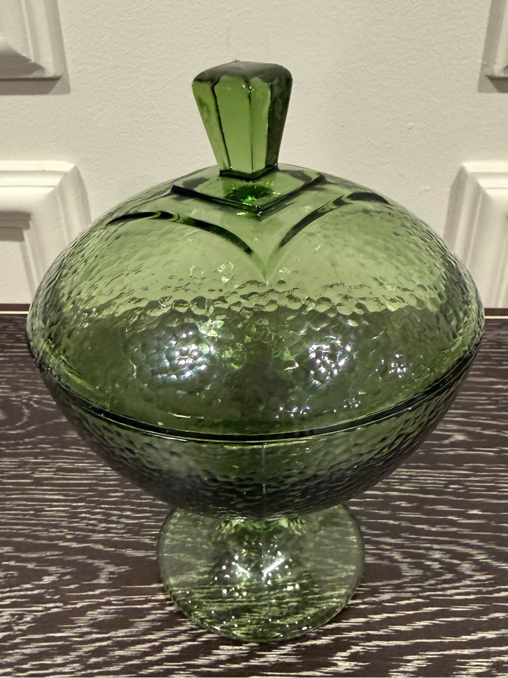 MCM Green Ball Dish Bowl Lid Textured Glass Candy Dish Pedestal Hazel Atlas